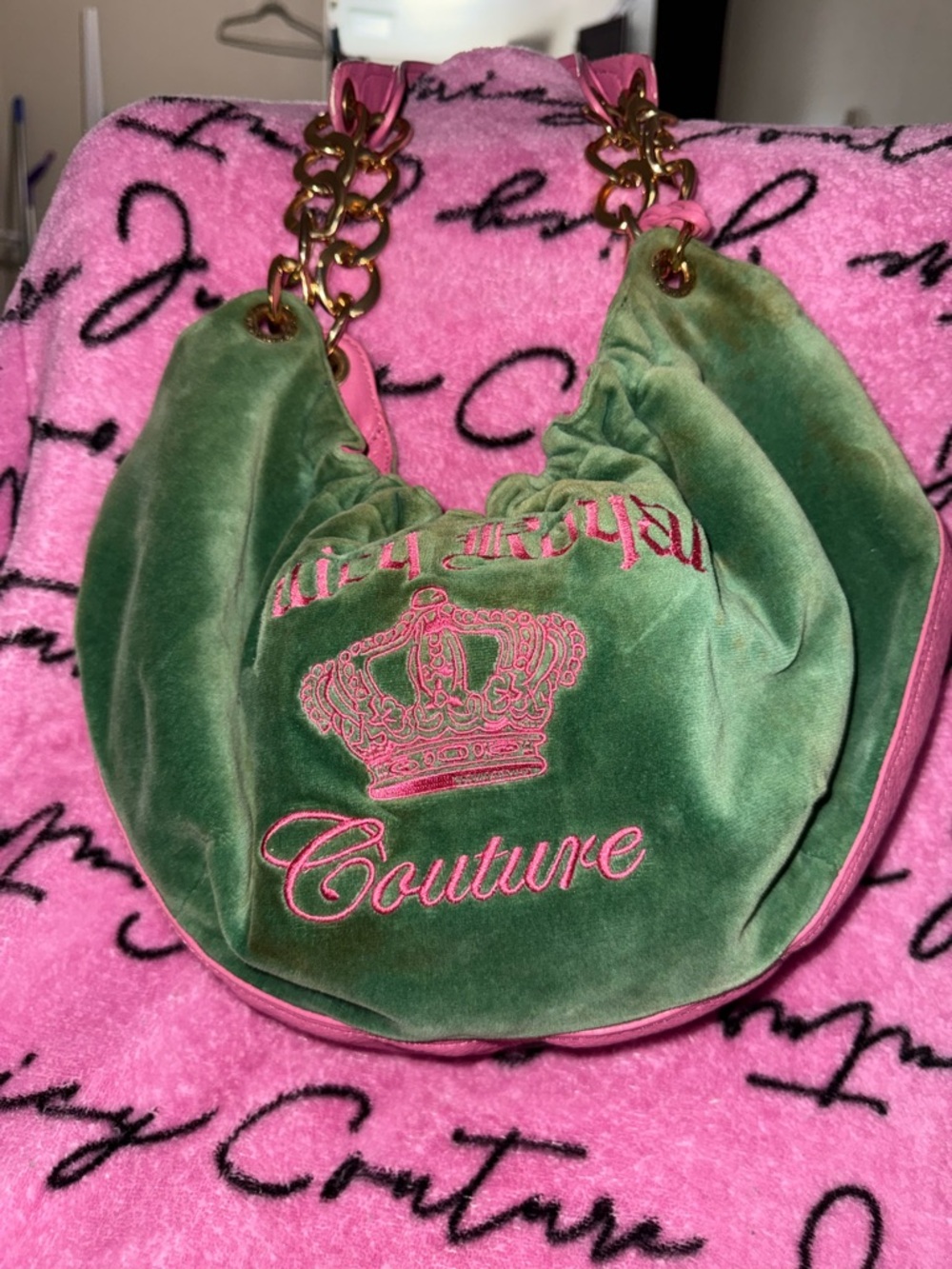 Juicy Couture Green Velvet Hobo with Pink Embroidered Crest